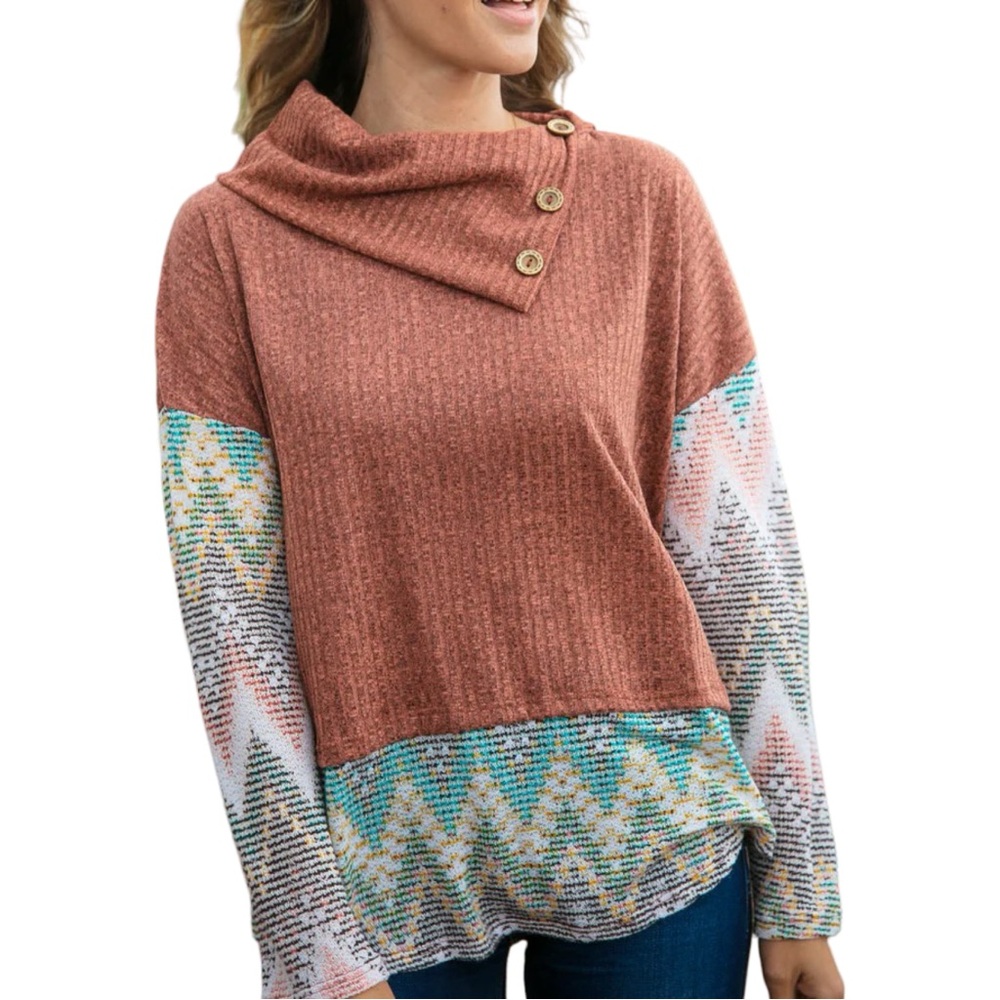 Haptics Hacci Knit Cowl Neck Top Chevron Color-block Tunic 1X NEW